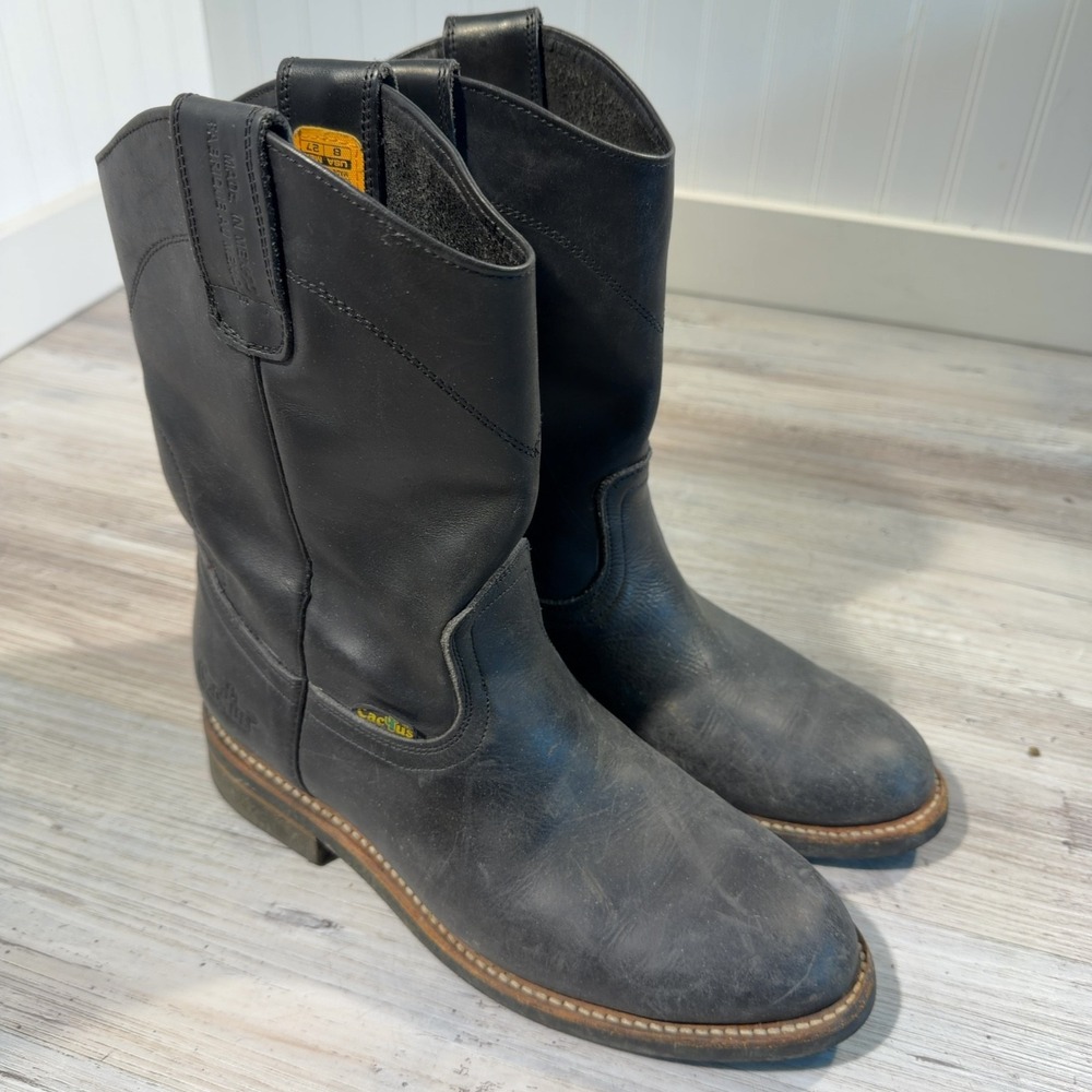 Cactus Black Leather Work Boots Size 8 USA Made in Mexico